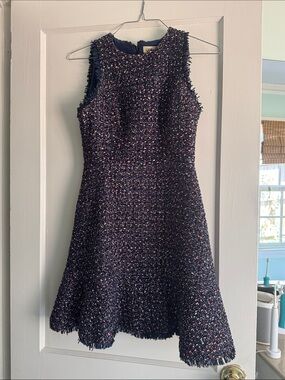 Eliza J Navy Tweed Fit-and-Flare Mini Dress with Pink Flecking